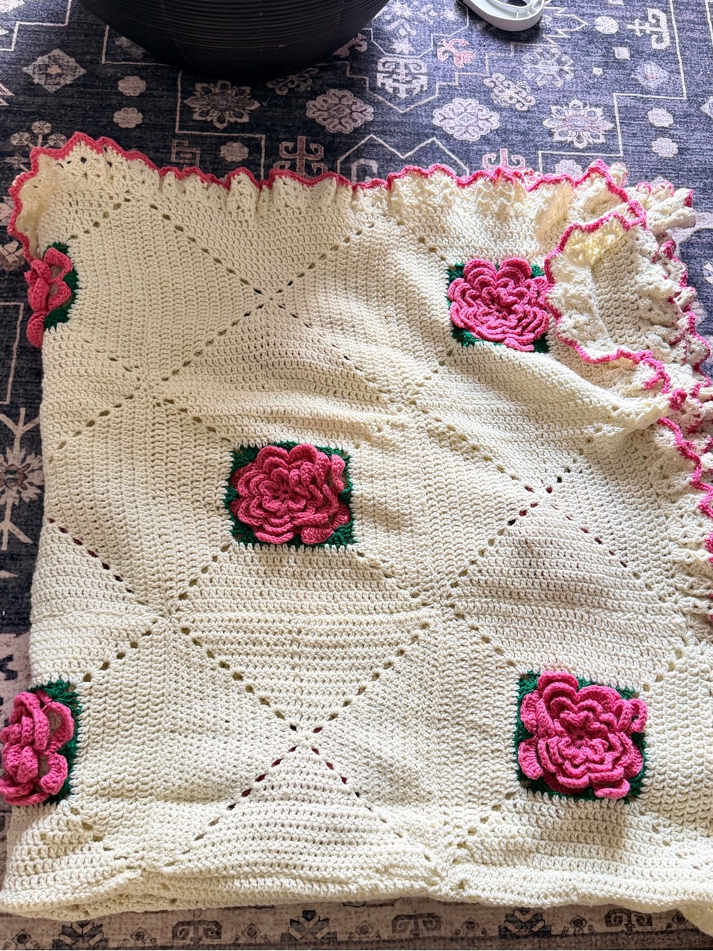Handmade Crochet Rose Throw Blanket in Cream and Pink